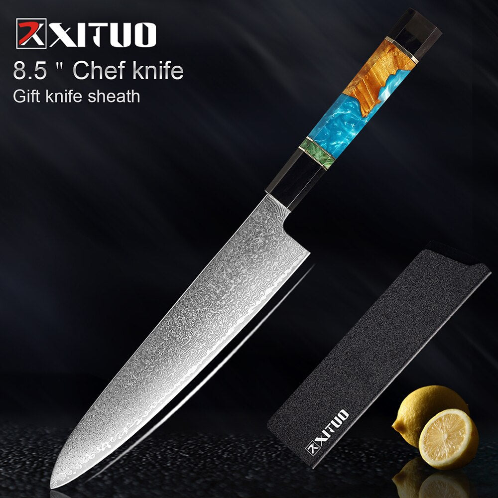 Damascus Chef Knife Set 6-Piece with Resin Handles