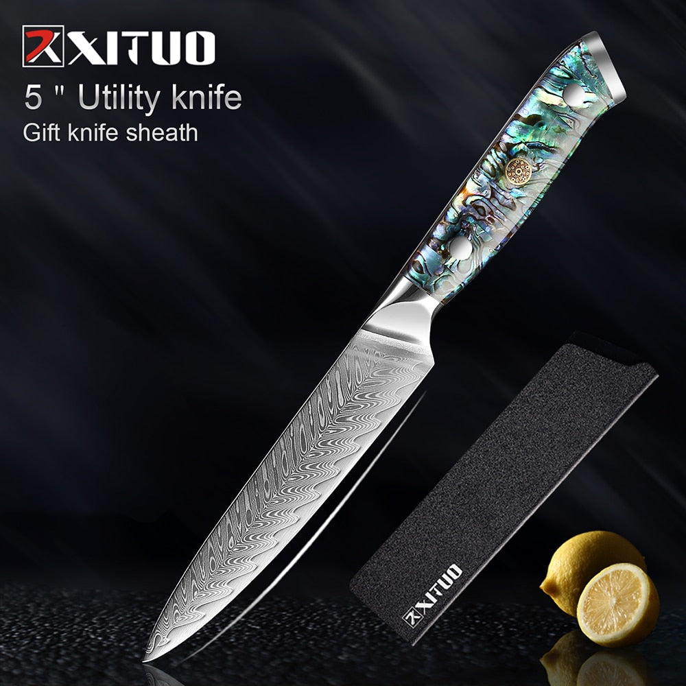 Damascus Steel Knife Set with Abalone Shell Handles