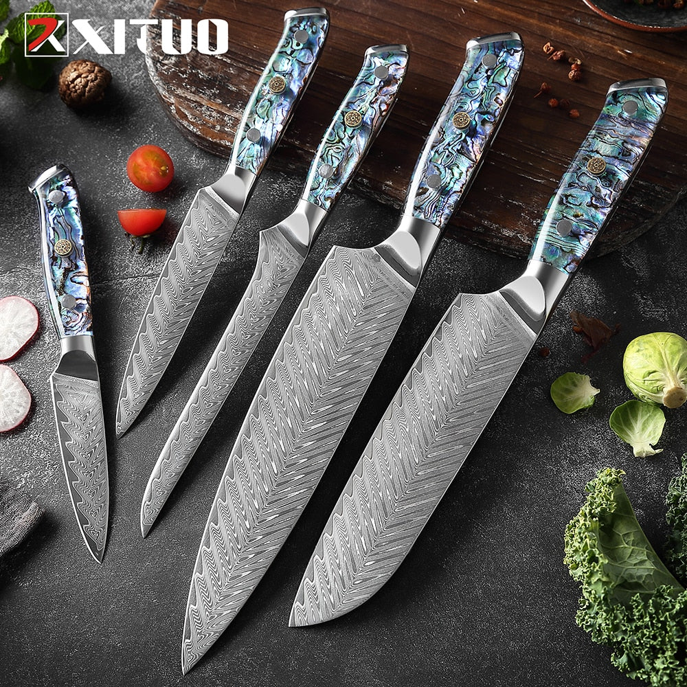 Damascus Steel Knife Set with Abalone Shell Handles