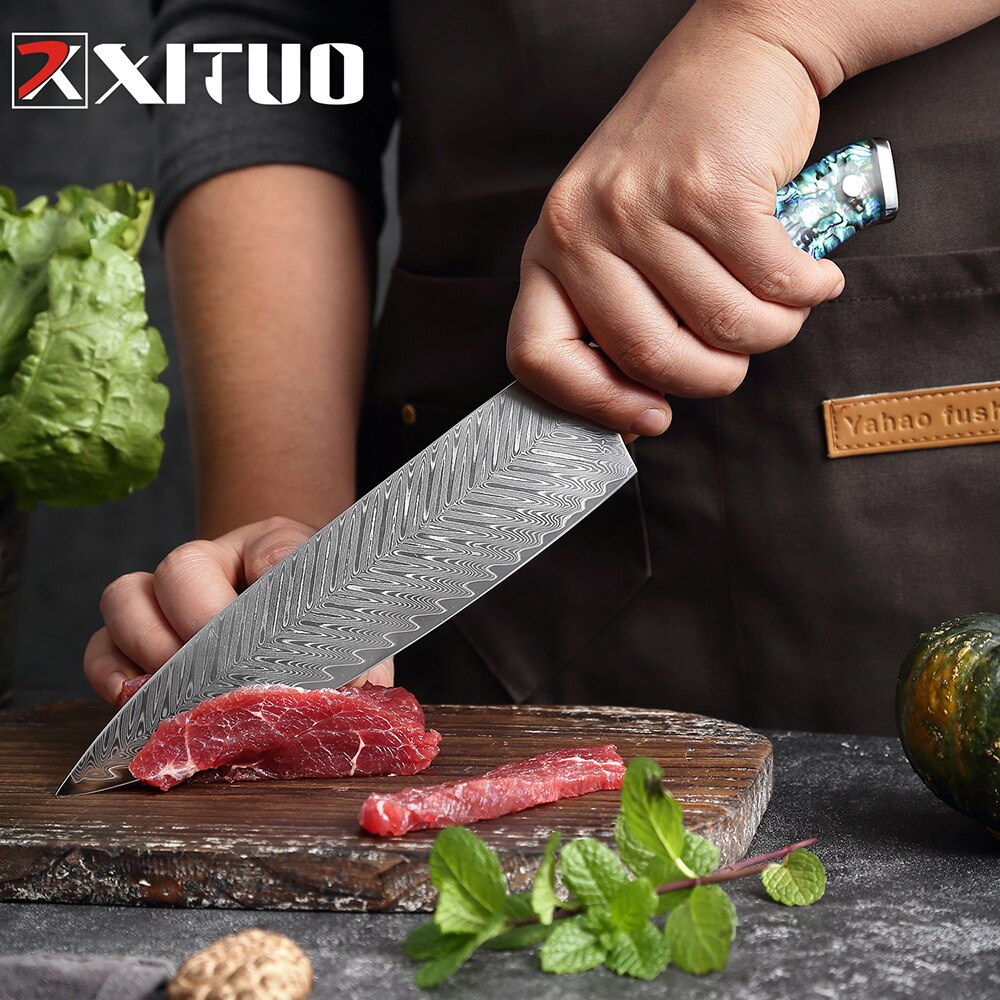 Damascus Steel Knife Set with Abalone Shell Handles