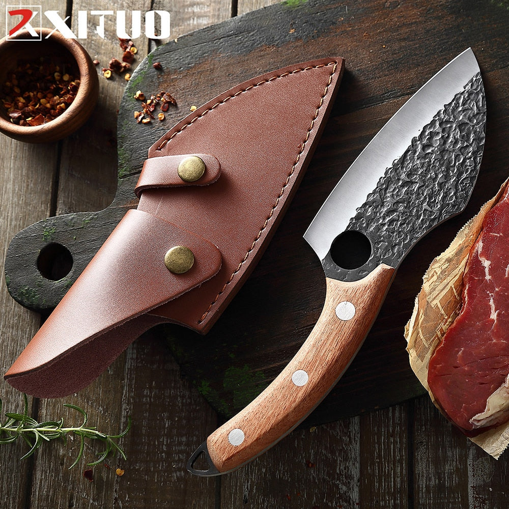 Hand-Forged Carbon Steel Boning Knife with Leather Sheath