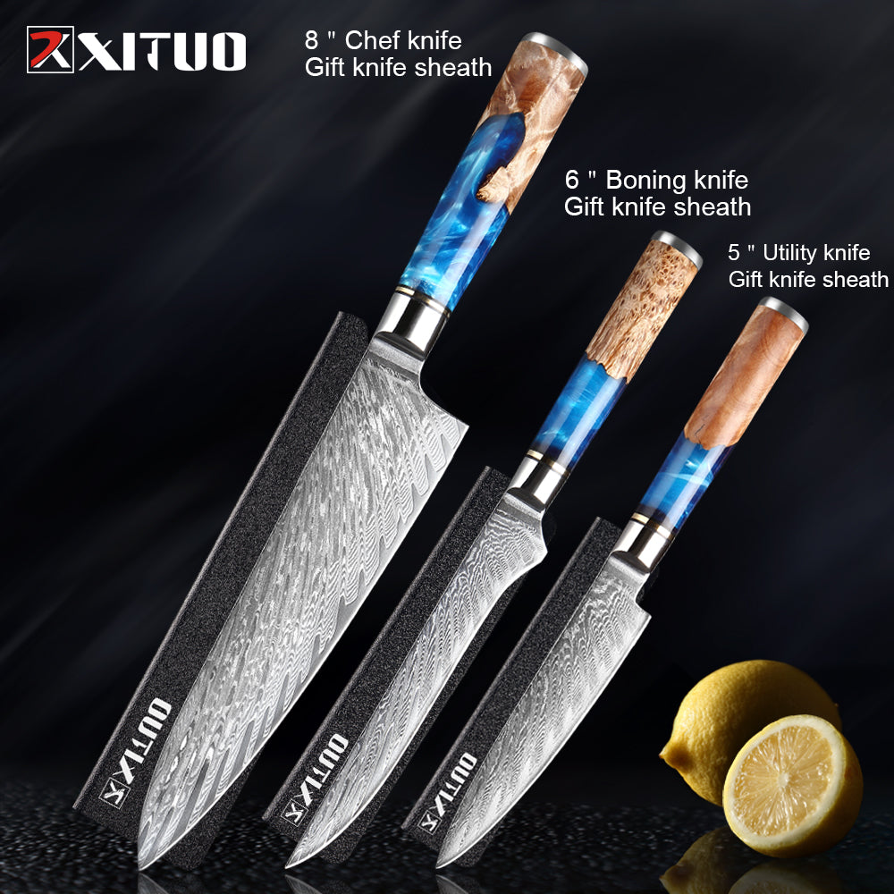 Damascus Steel Knife Set 7-Piece with Blue Resin Handles