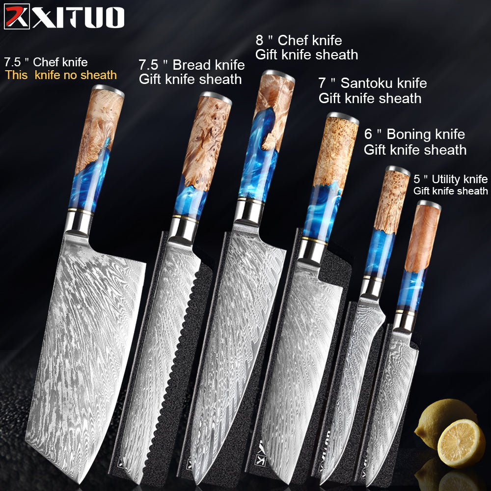 Damascus Steel Knife Set 7-Piece with Blue Resin Handles