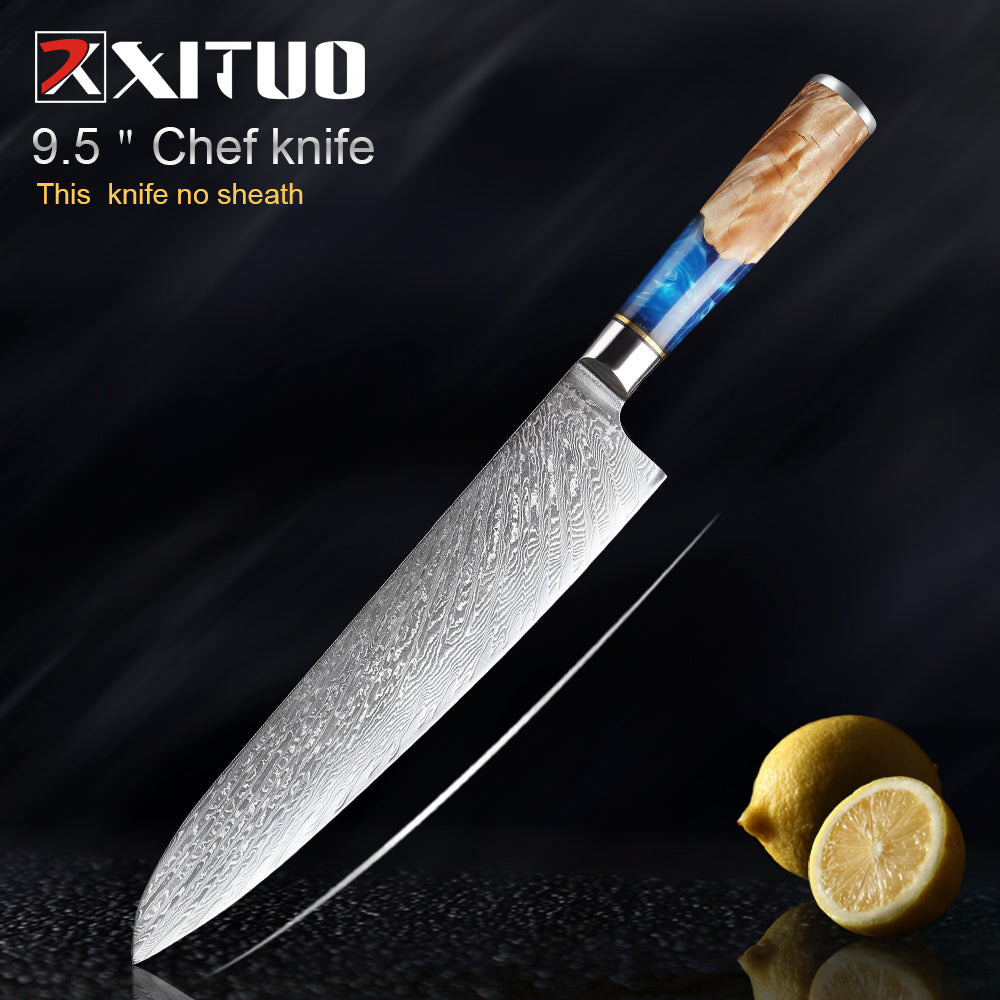 Damascus Steel Knife Set 7-Piece with Blue Resin Handles
