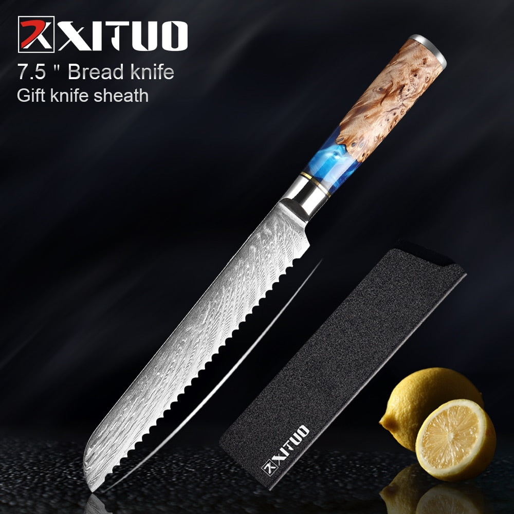 Damascus Steel Knife Set 7-Piece with Blue Resin Handles