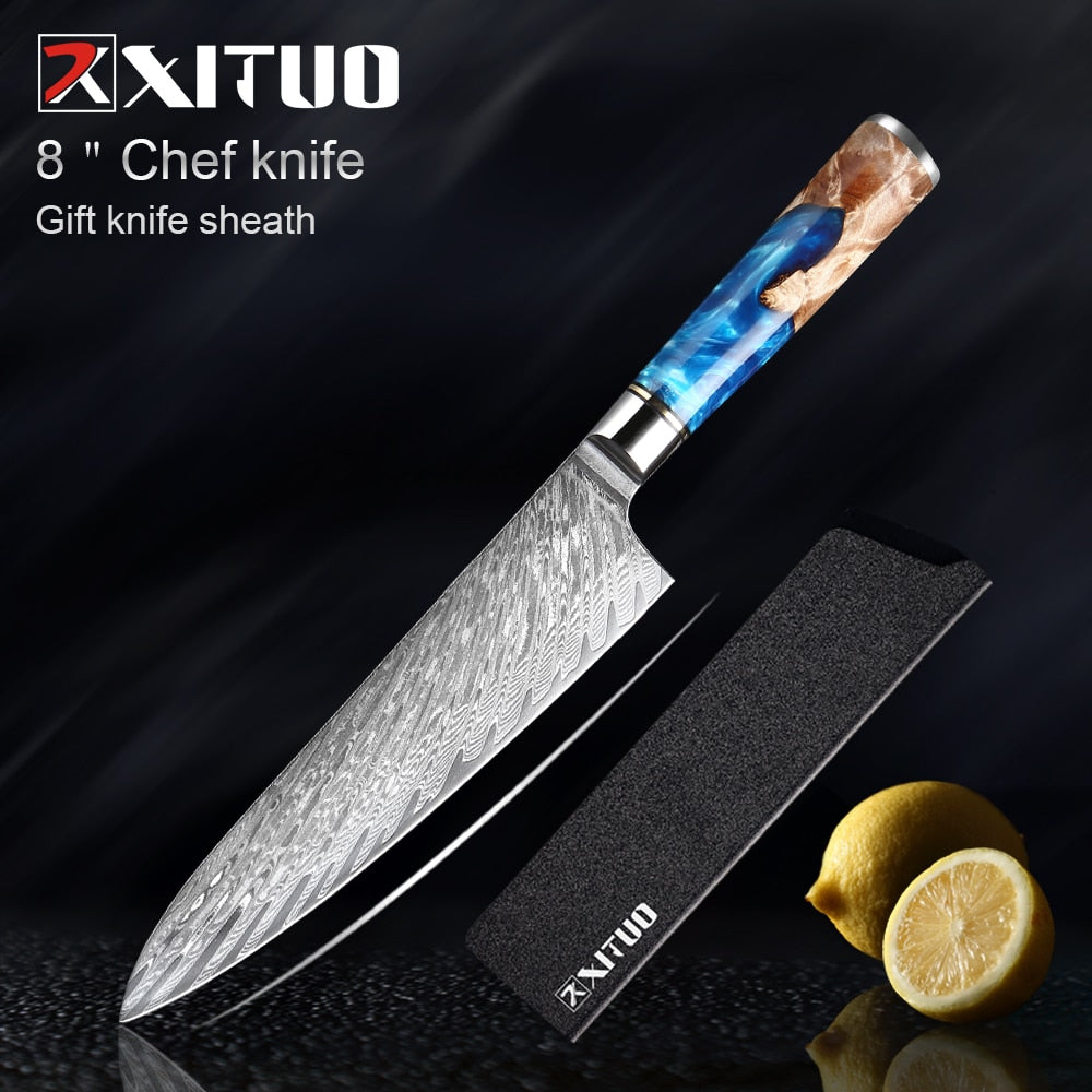 Damascus Steel Knife Set 7-Piece with Blue Resin Handles