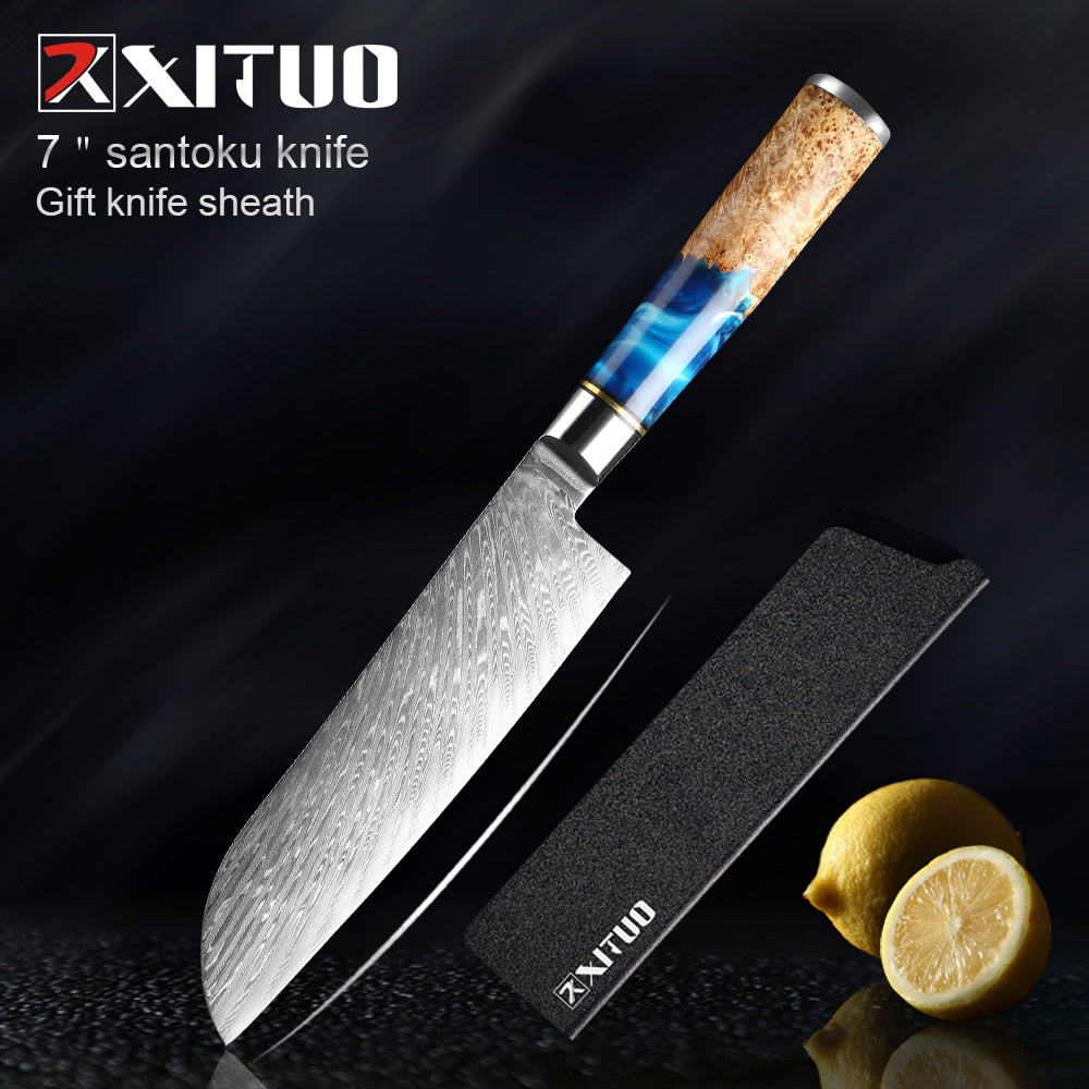 Damascus Steel Knife Set 7-Piece with Blue Resin Handles