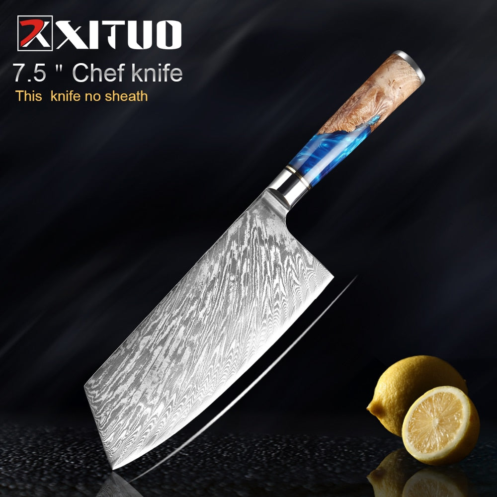 Damascus Steel Knife Set 7-Piece with Blue Resin Handles