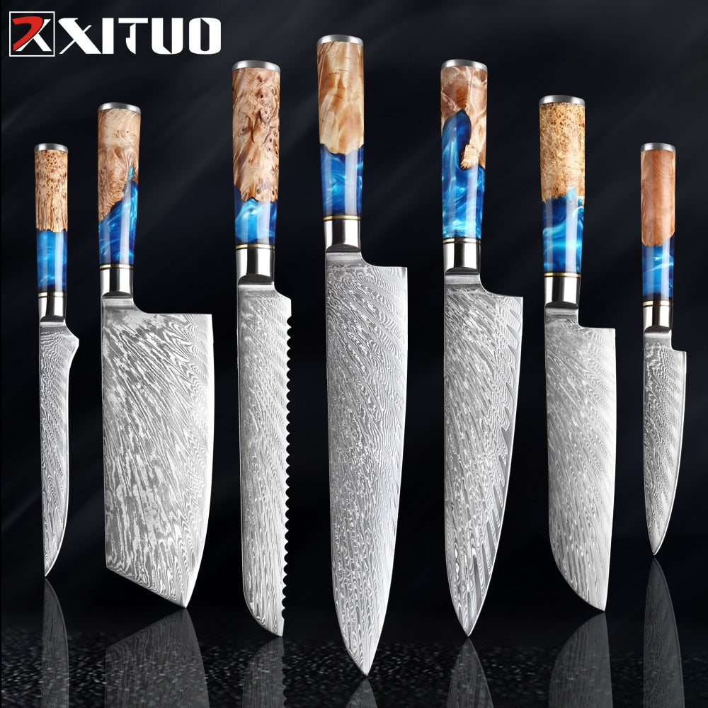Damascus Steel Knife Set 7-Piece with Blue Resin Handles
