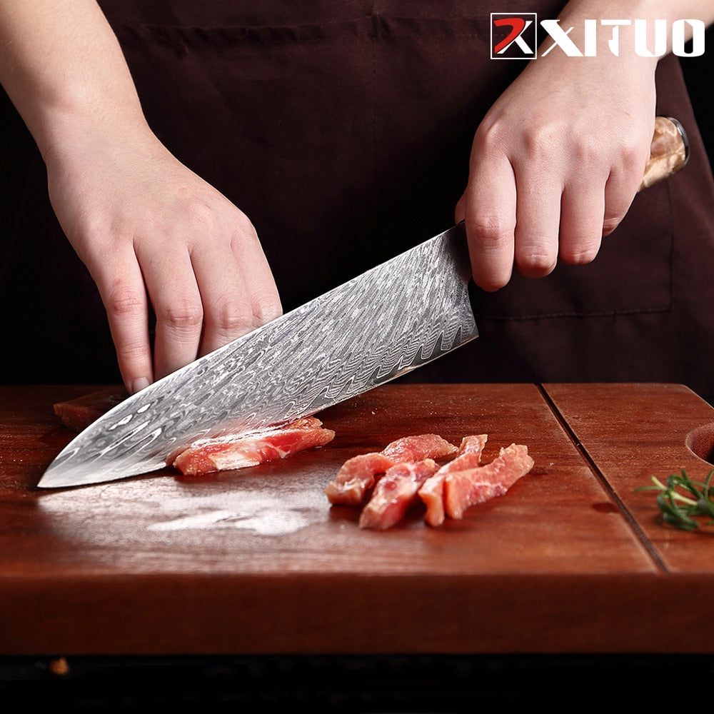 Damascus Steel Knife Set 7-Piece with Blue Resin Handles