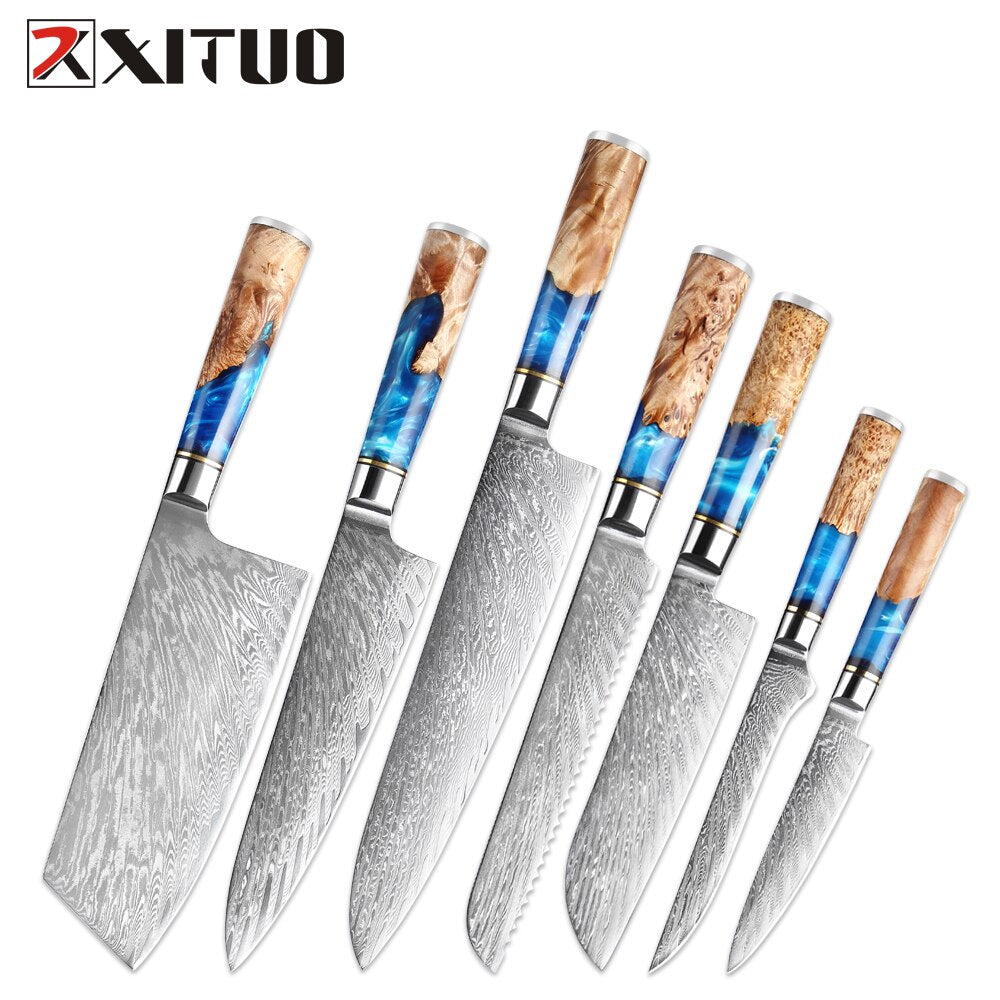 Damascus Steel Knife Set 7-Piece with Blue Resin Handles