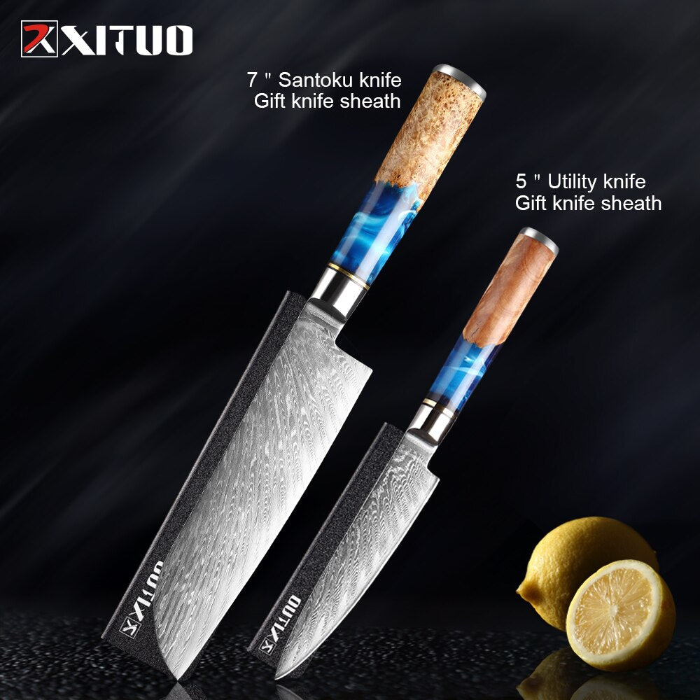 Damascus Steel Knife Set 7-Piece with Blue Resin Handles