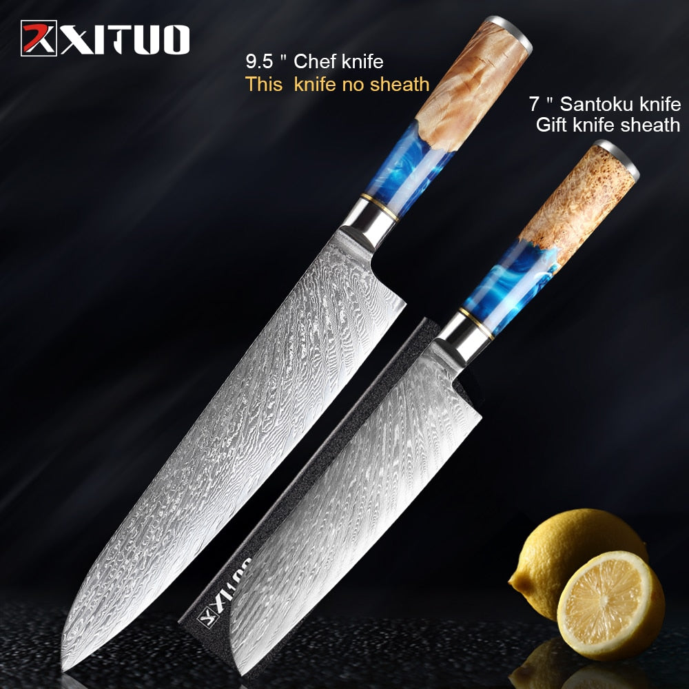 Damascus Steel Knife Set 7-Piece with Blue Resin Handles