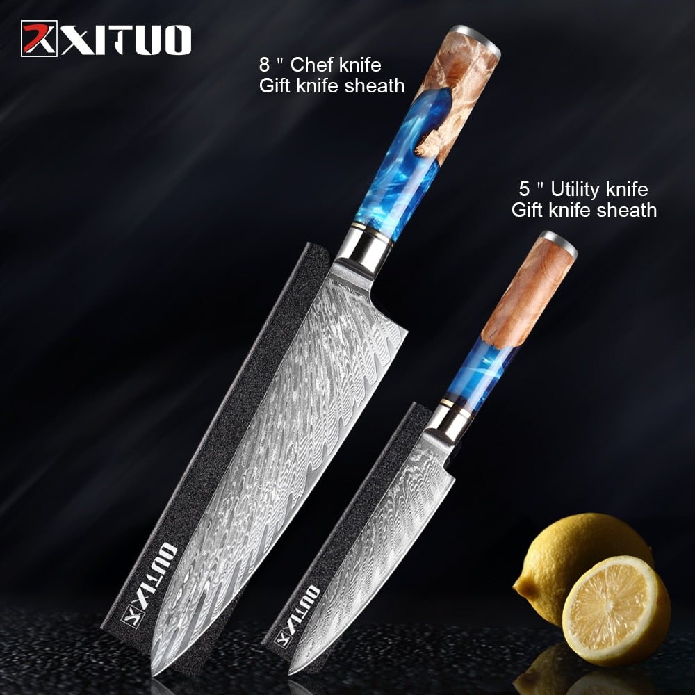 Damascus Steel Knife Set 7-Piece with Blue Resin Handles