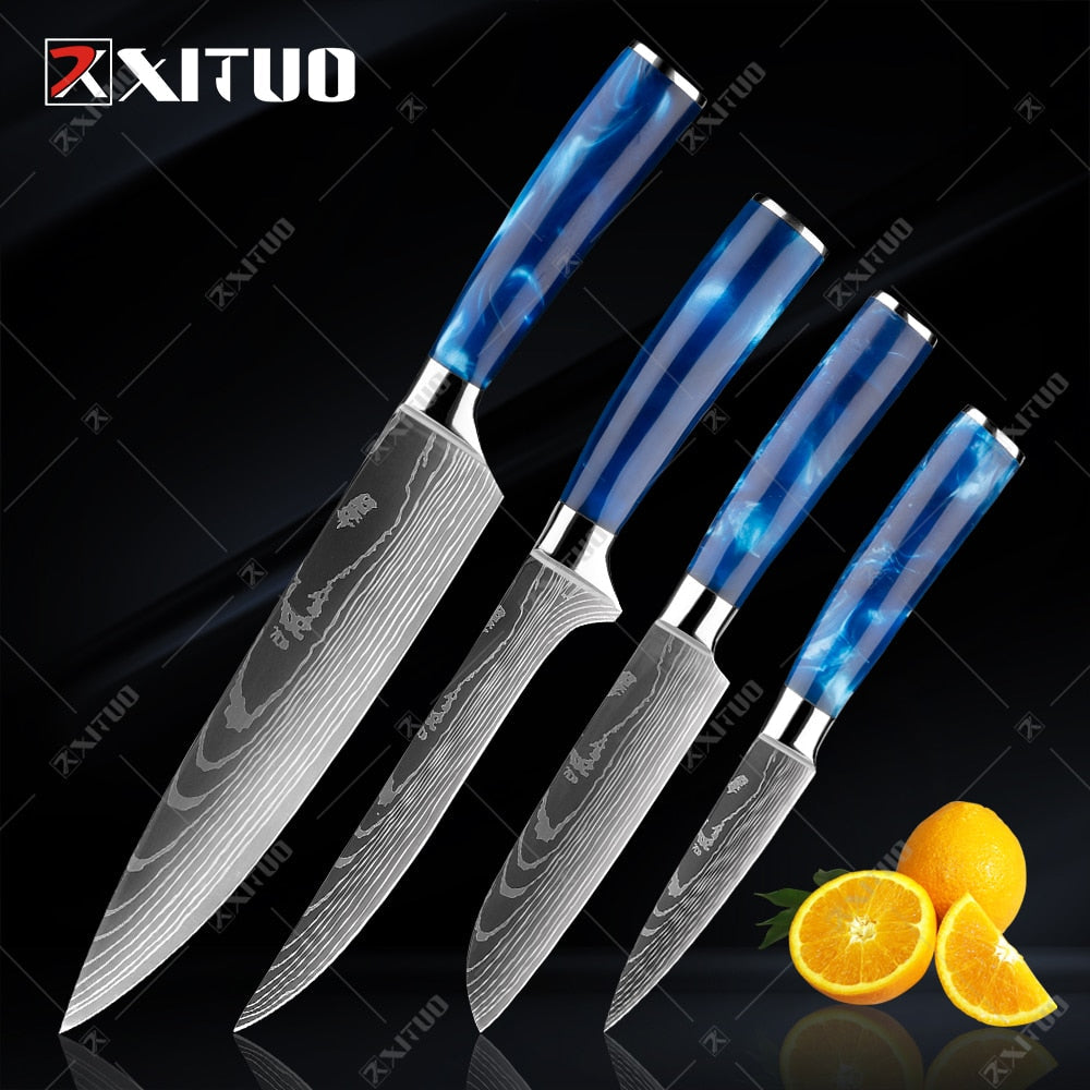 10-Piece Laser Damascus Knife Set, Blue Resin Handles