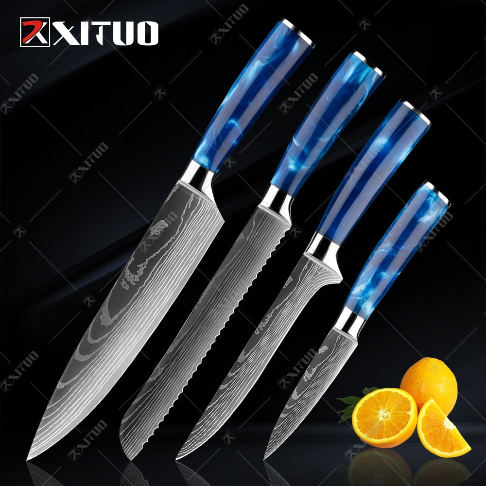 10-Piece Laser Damascus Knife Set, Blue Resin Handles