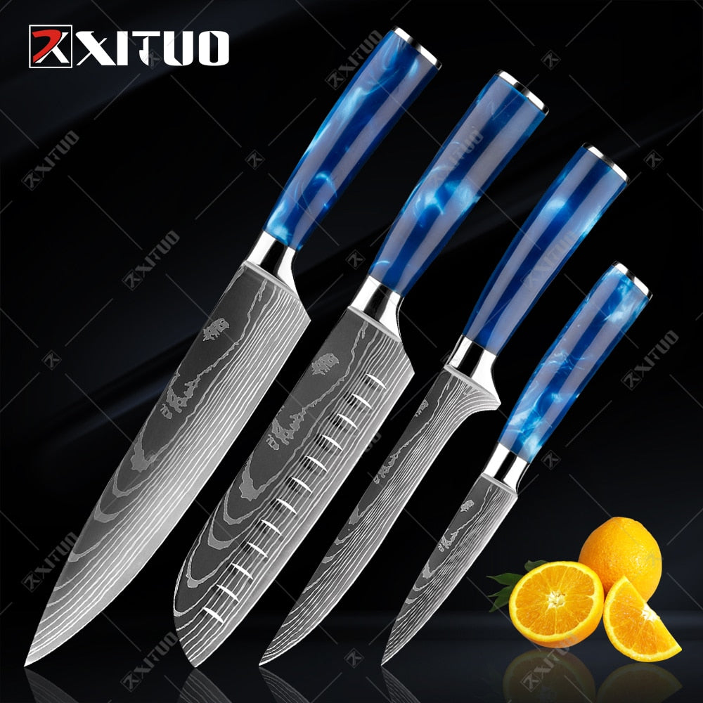 10-Piece Laser Damascus Knife Set, Blue Resin Handles