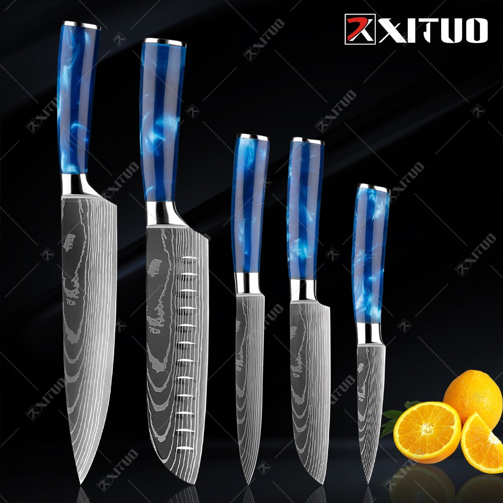 10-Piece Laser Damascus Knife Set, Blue Resin Handles