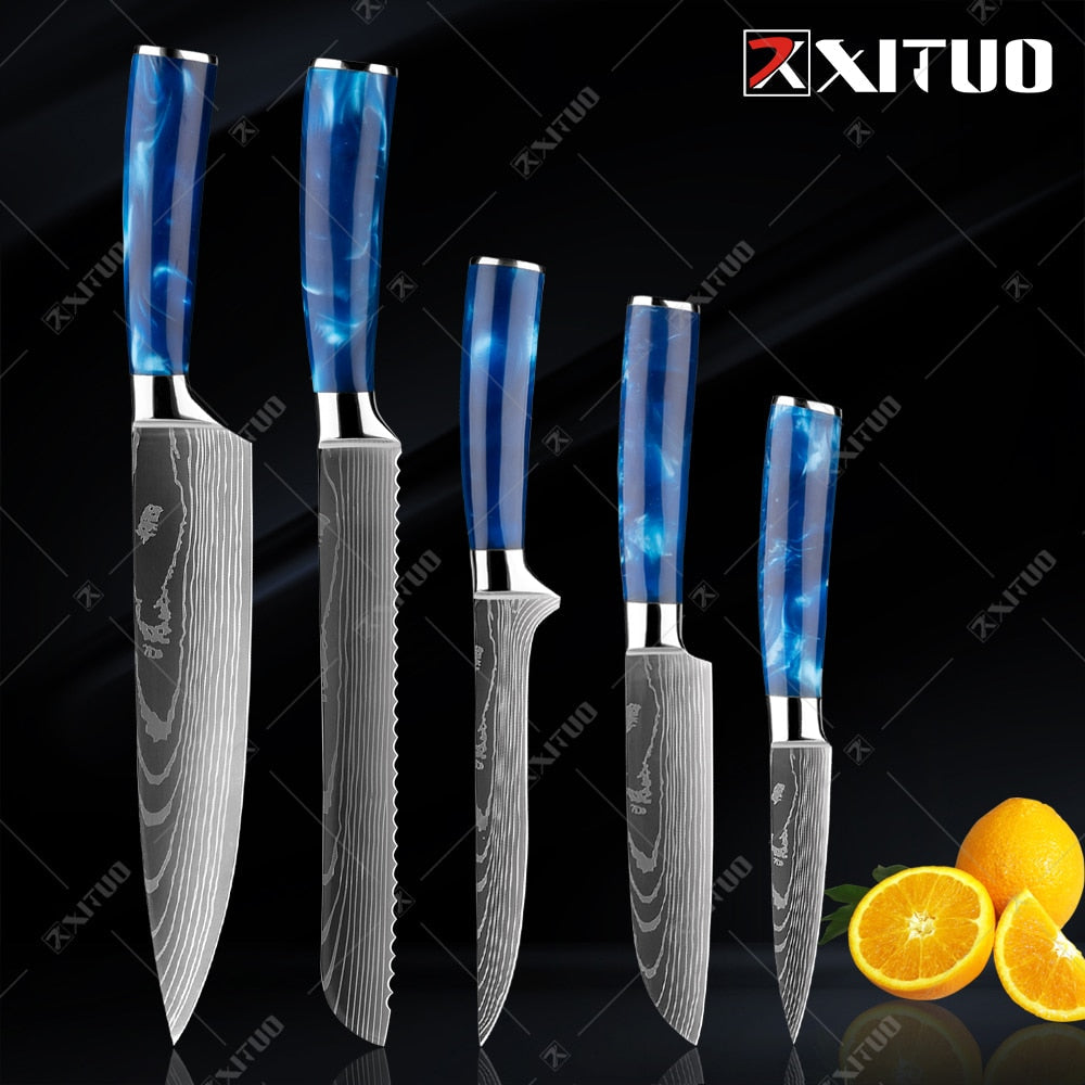 10-Piece Laser Damascus Knife Set, Blue Resin Handles