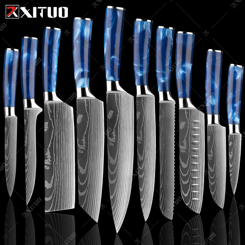 10-Piece Laser Damascus Knife Set, Blue Resin Handles