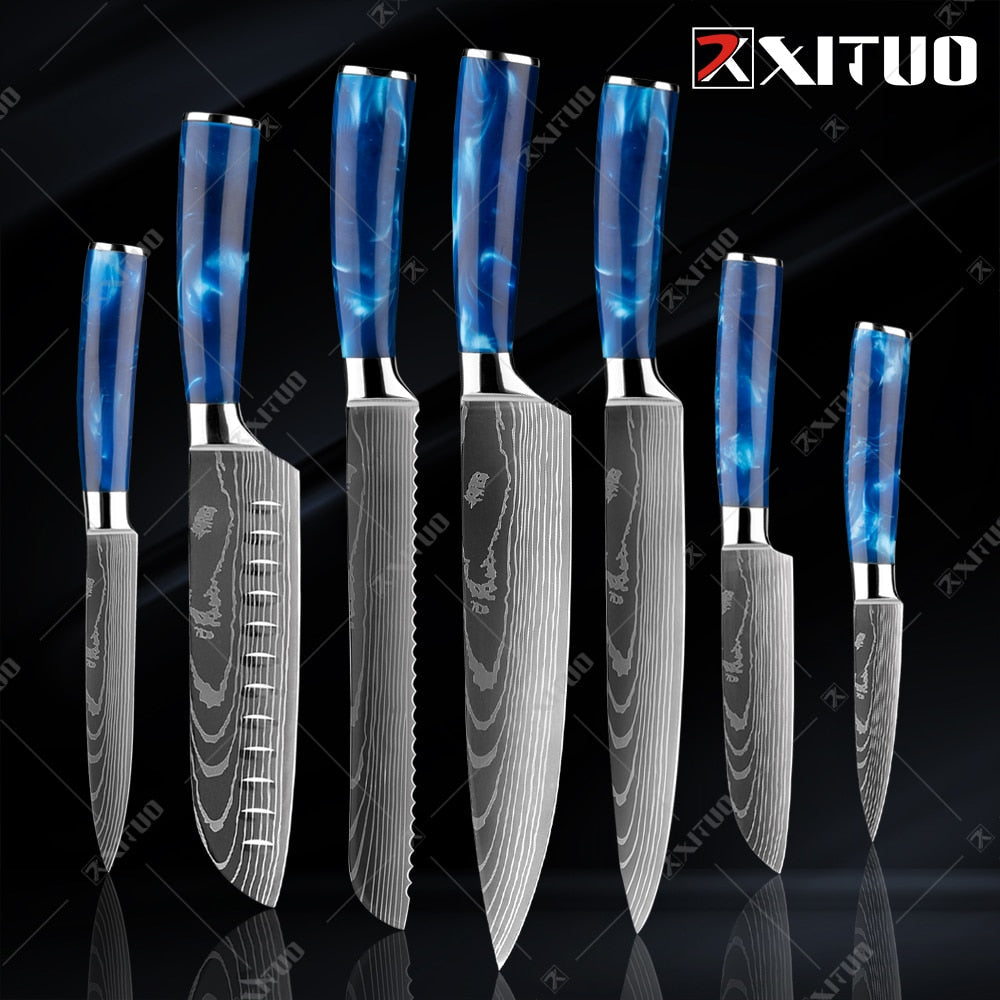 10-Piece Laser Damascus Knife Set, Blue Resin Handles