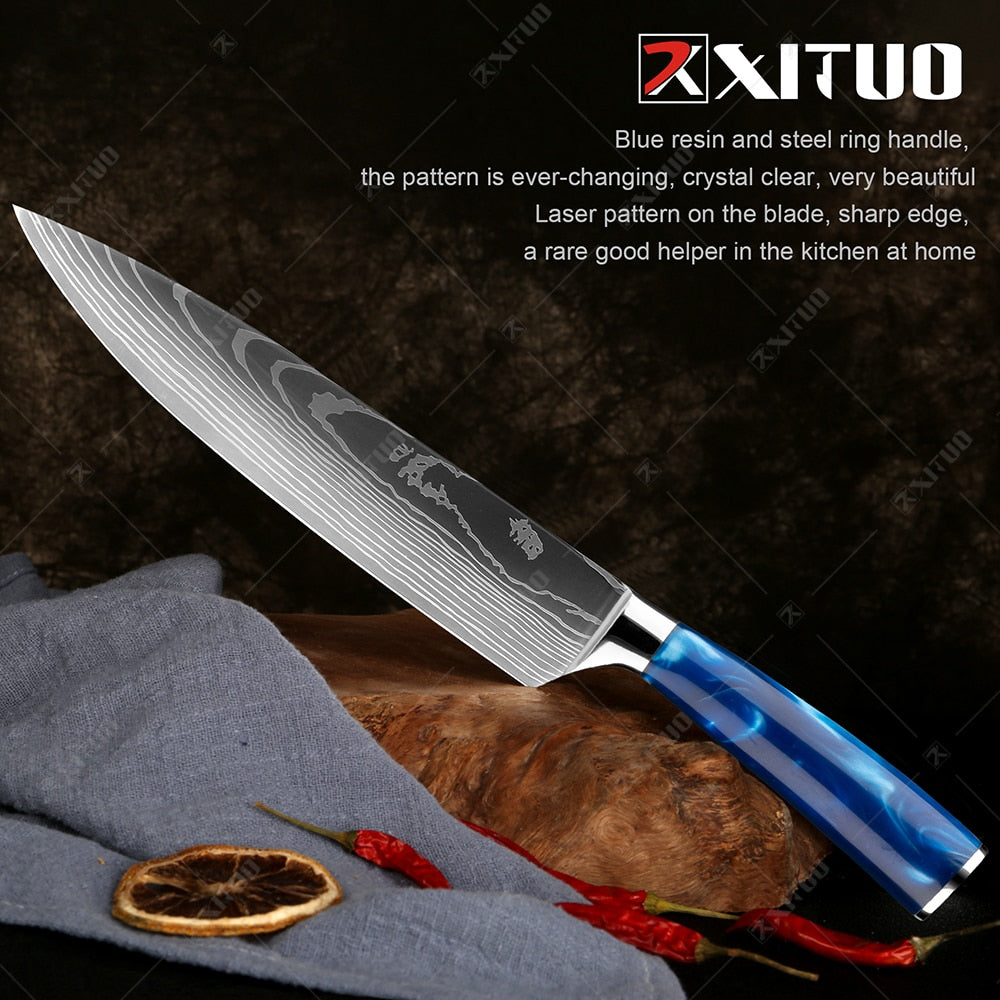 10-Piece Laser Damascus Knife Set, Blue Resin Handles