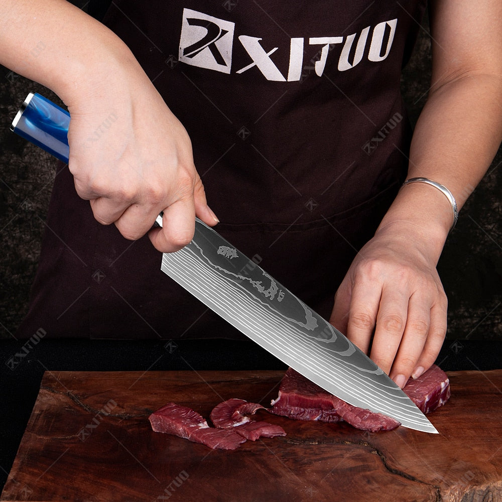10-Piece Laser Damascus Knife Set, Blue Resin Handles