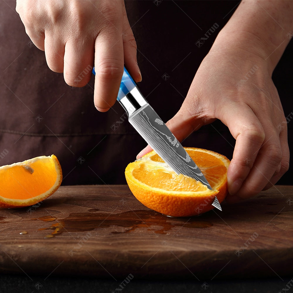 10-Piece Laser Damascus Knife Set, Blue Resin Handles