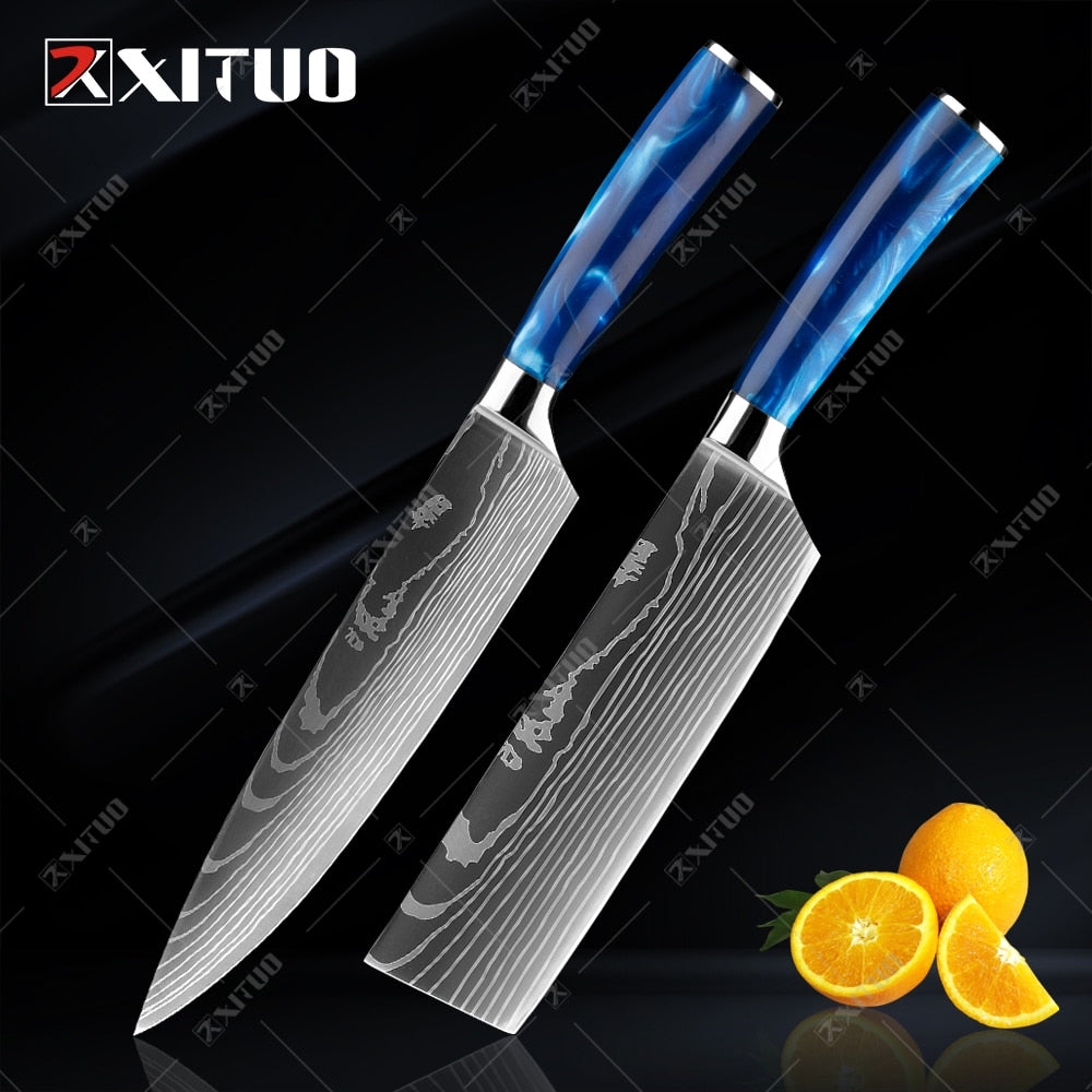 10-Piece Laser Damascus Knife Set, Blue Resin Handles