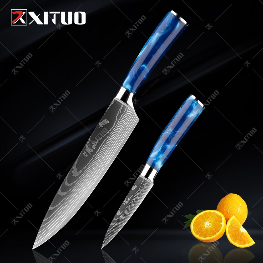10-Piece Laser Damascus Knife Set, Blue Resin Handles