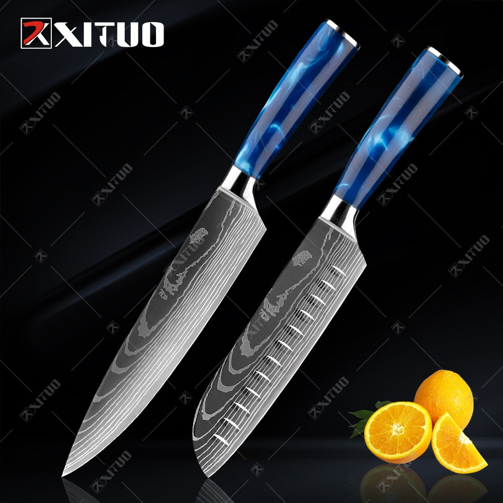 10-Piece Laser Damascus Knife Set, Blue Resin Handles