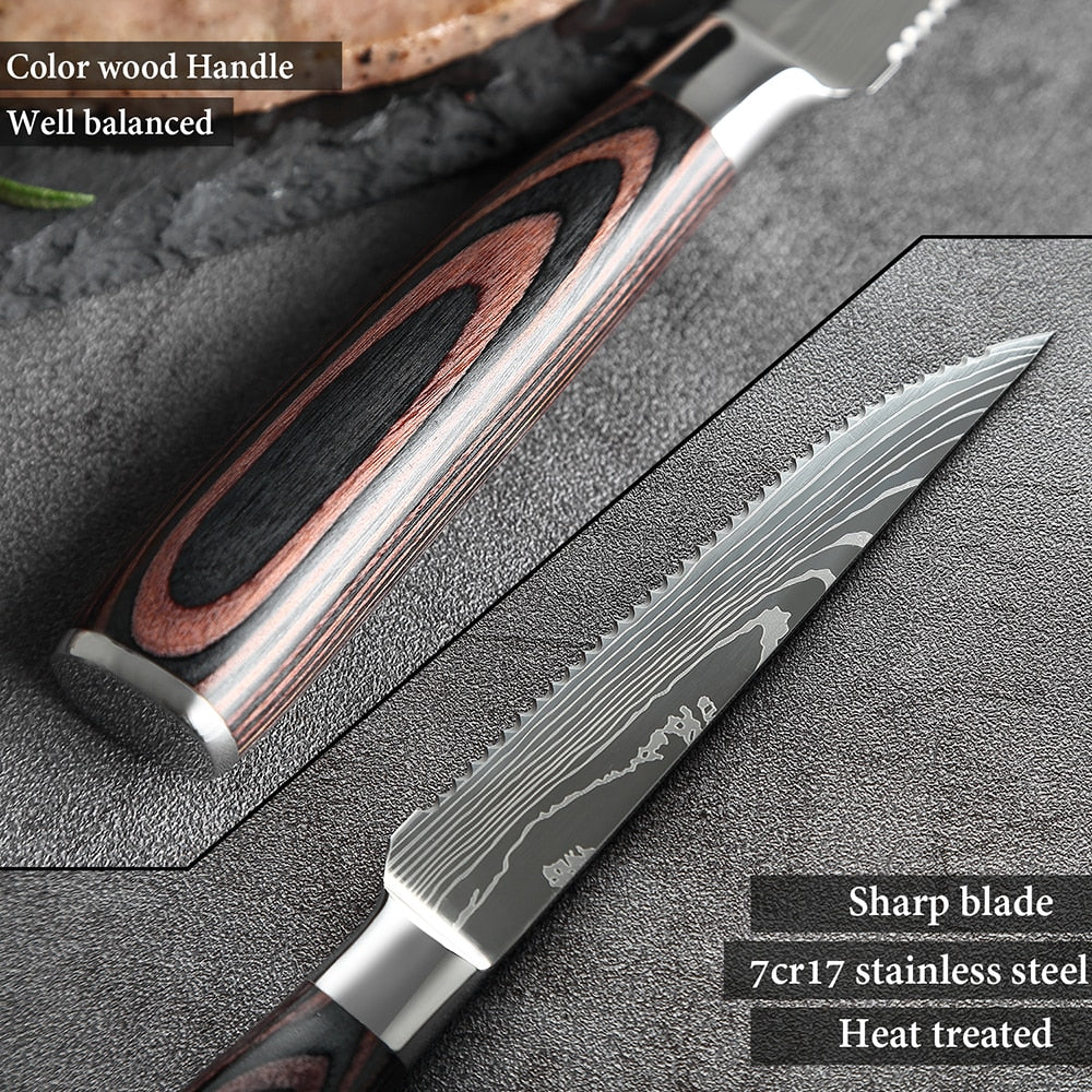 Serrated Steak Knife Set, Sharp 7CR17 Stainless Blades