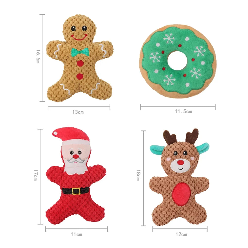 Christmas Dog Plush Toys, 4-Piece Squeaky Toy Set