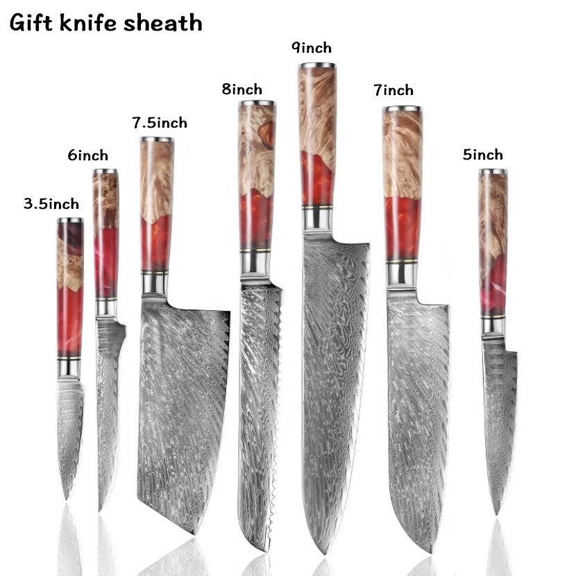 8-Piece Damascus Kitchen Knife Set with Blue Resin Handles