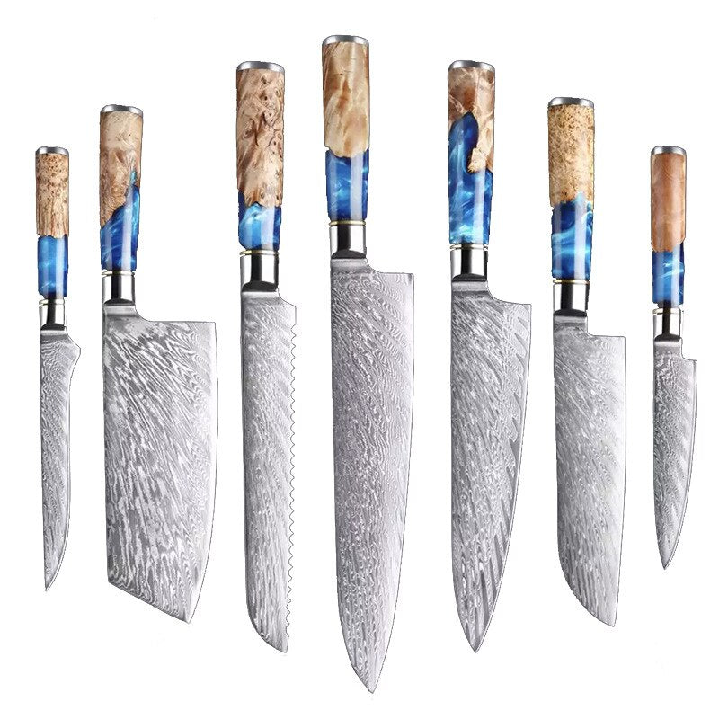 8-Piece Damascus Kitchen Knife Set with Blue Resin Handles