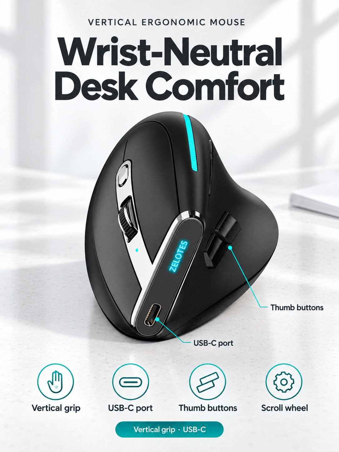 Vertical Ergonomic Mouse for Wrist-Neutral Office Comfort