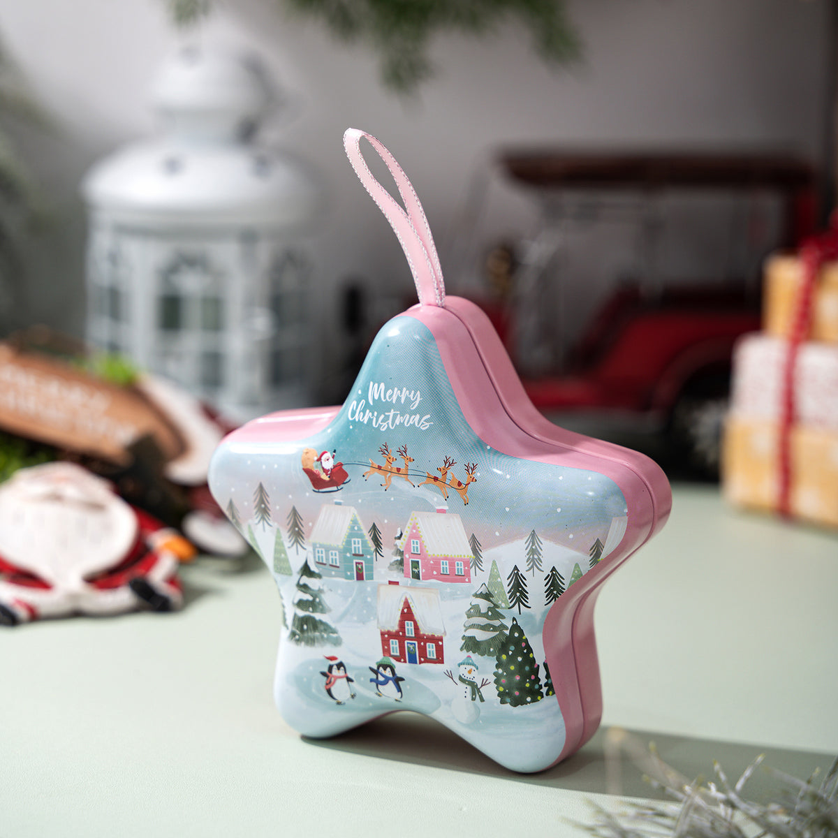 Christmas Star Candy Box Tin with Hanging Ornament