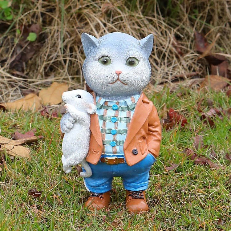 Cat Garden Statue with Mouse Friend, Outdoor Resin Decor