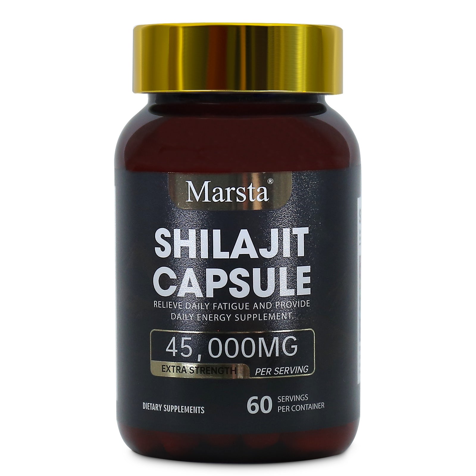 Marsta Shilajit Capsules 45,000mg bottle with gold cap against white background