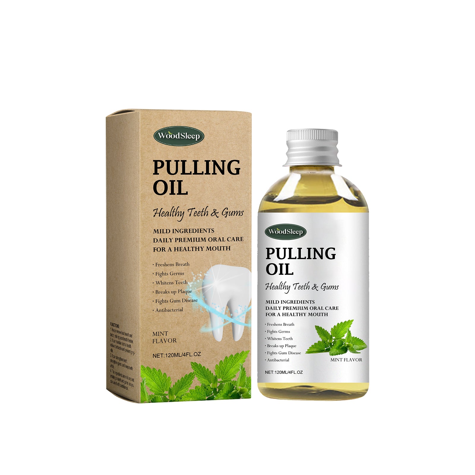 WoodSleep Pulling Oil bottle with kraft paper box packaging on white background