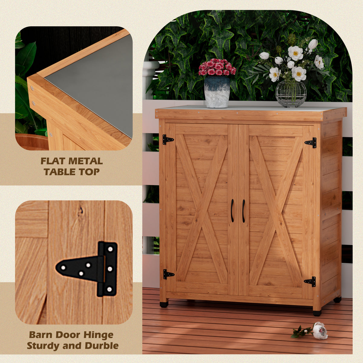 Outdoor Potting Bench with Storage Cabinet and Metal Top
