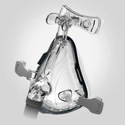 Full frontal view of the nasal mask assembly with straps extended, showing clear silicone cushion and connection points