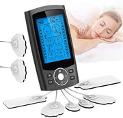 Complete TENS device with black control unit, connected electrode pads, and lifestyle image of relaxed woman receiving therapy