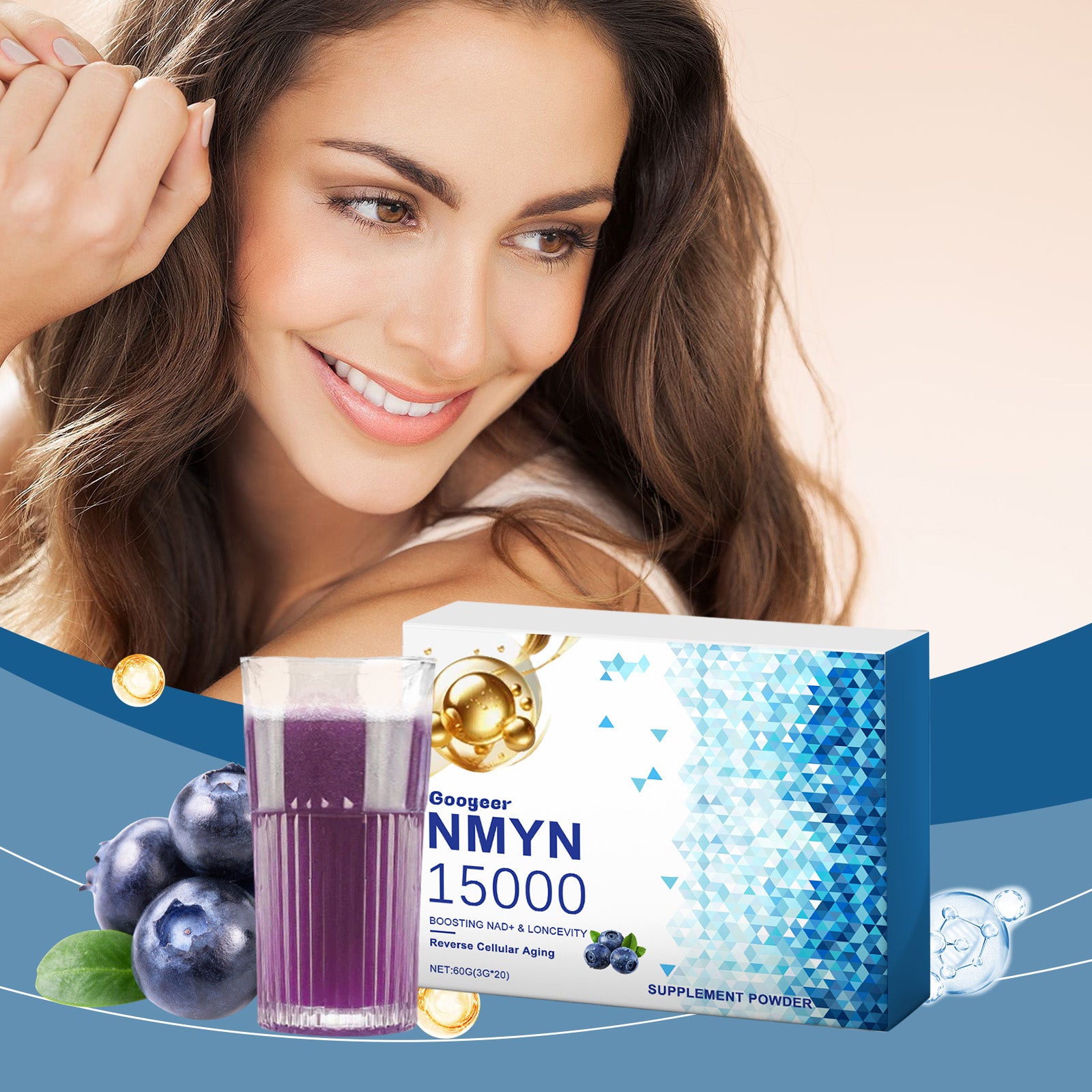 Radiant woman smiling, product displayed with blueberries, golden spheres, and water droplets in dynamic blue composition