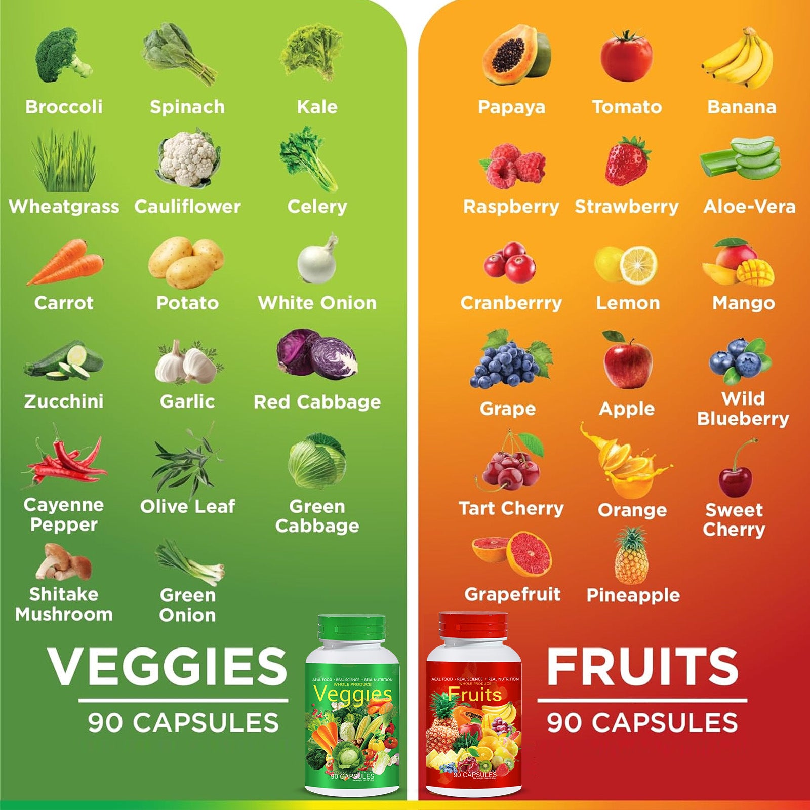 Grid layout showing 18+ individual fruits on orange background and 18+ individual vegetables on green background with product bottles