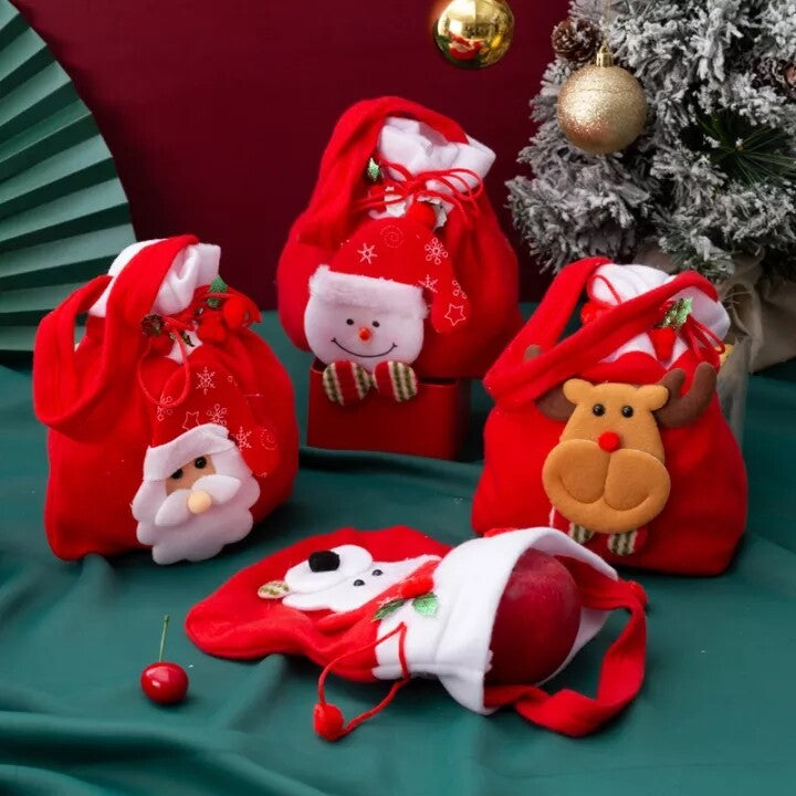 Christmas Gift Bag with Plush Santa Face Drawstring Tote