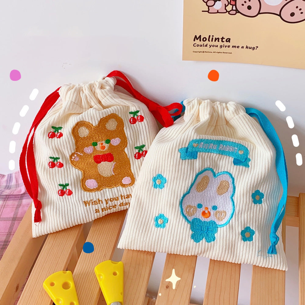 Embroidered Corduroy Drawstring Pouch for Small Items