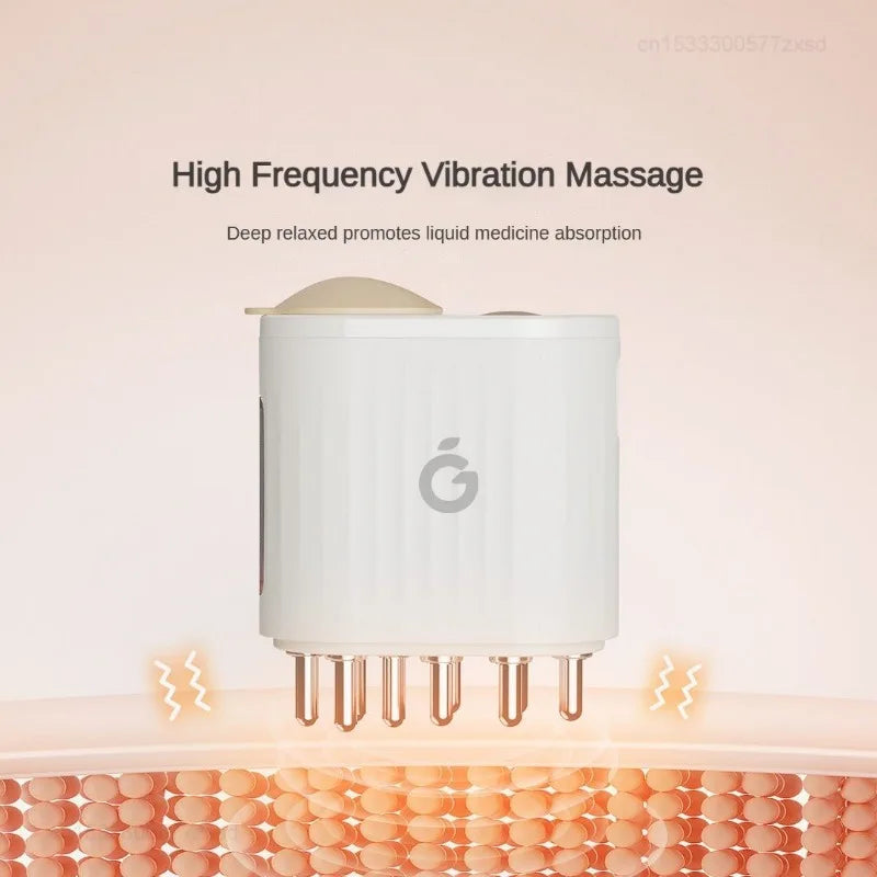 High Frequency Vibration Massage demonstration with device nozzles emitting wavy energy patterns above cellular scalp illustration