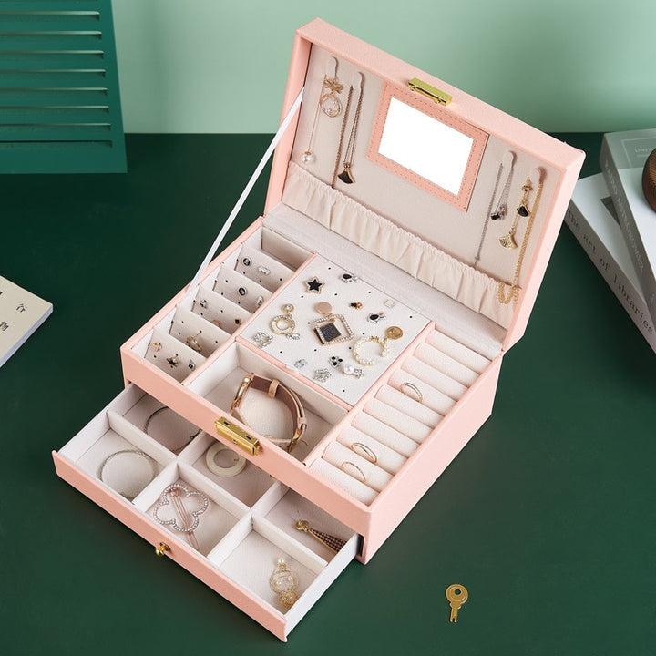 Lockable Leather Jewelry Box with Mirror and Drawer