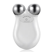 White FEIPUSHI microcurrent facial massager with dual silver rolling spheres and power button centered on clean white background